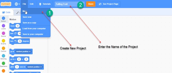 Instructions to create a new project in Scratch